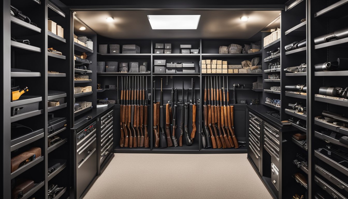 A gun safe with shelves and compartments neatly organized with various firearms, ammunition, and accessories. A separate section for cleaning supplies and maintenance tools