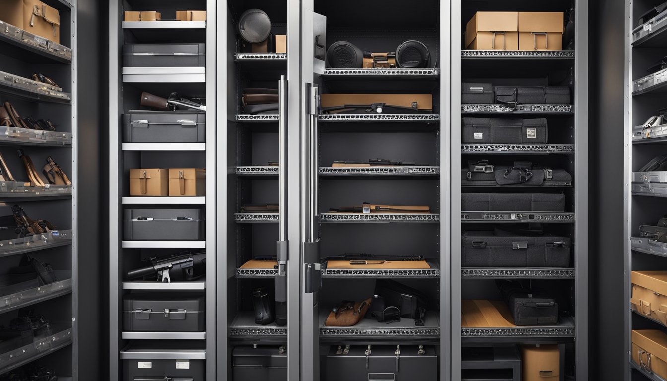 A gun safe with neatly organized shelves and compartments, showcasing various storage solutions such as racks, hooks, and dividers for maximizing space