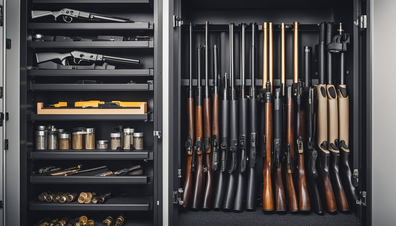 A gun safe with organized shelves and compartments for firearms and accessories. Additional storage solutions such as hooks and hangers for ammunition and cleaning supplies