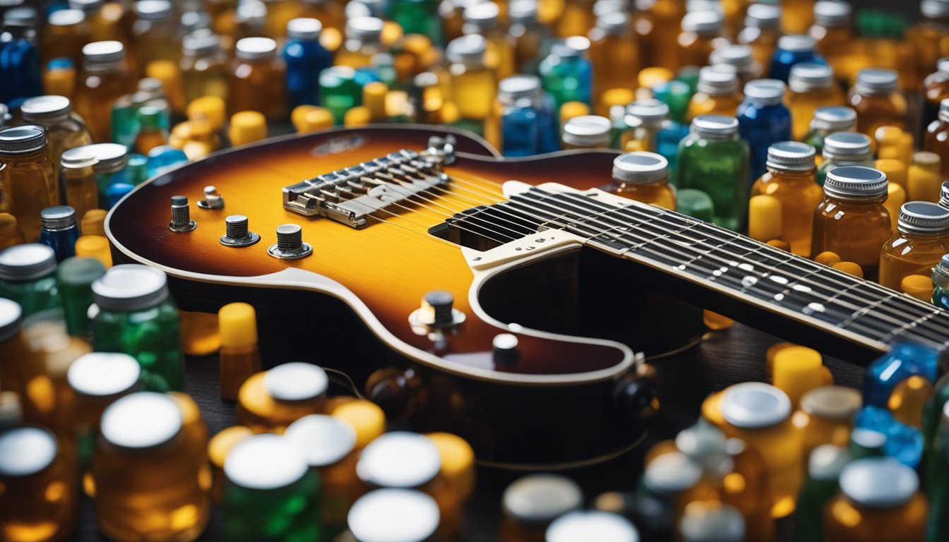 A guitar surrounded by pill bottles and medical equipment, symbolizing personal challenges and health issues leading to Jerry Garcia's death