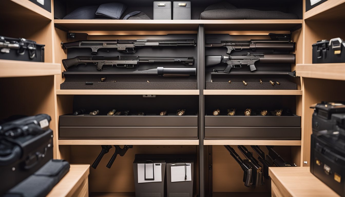 A gun safe with organized shelves and compartments for firearms and accessories. Lighting highlights the secure storage setup