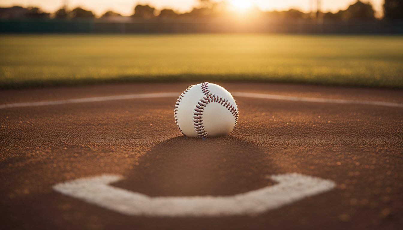 The baseball diamond is empty, save for a lone baseball resting on the pitcher's mound. The sun sets in the background, casting a warm glow over the field