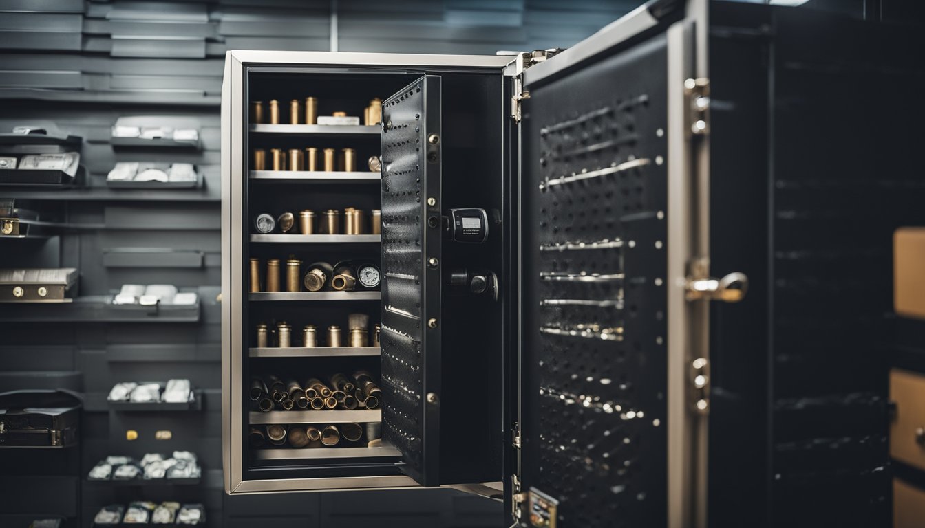 A gun safe with organized shelves and compartments, securely locked with a heavy-duty combination lock. A dehumidifier and proper lighting add to the safety measures