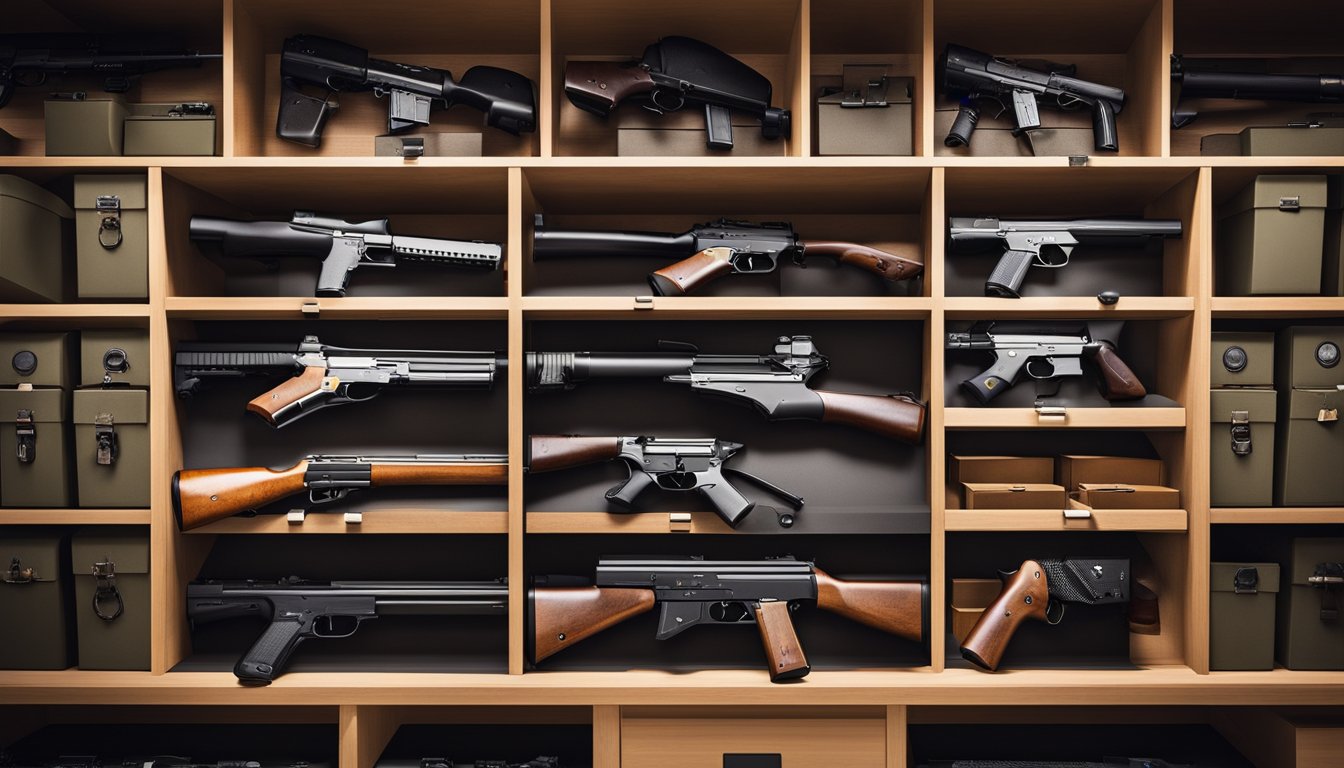 A gun safe with integrated accessories neatly organized. Guns, ammo, and accessories stored in designated compartments for easy access and maximum space utilization