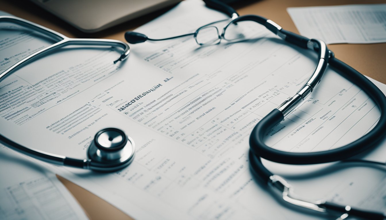 A medical report on a desk, surrounded by scattered papers and a stethoscope, with a somber expression on the face of a doctor