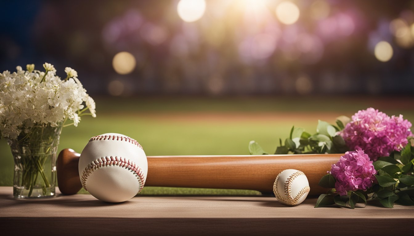 A baseball bat and ball sit on a pedestal, surrounded by flowers and memorabilia. A spotlight shines on the display, highlighting its significance