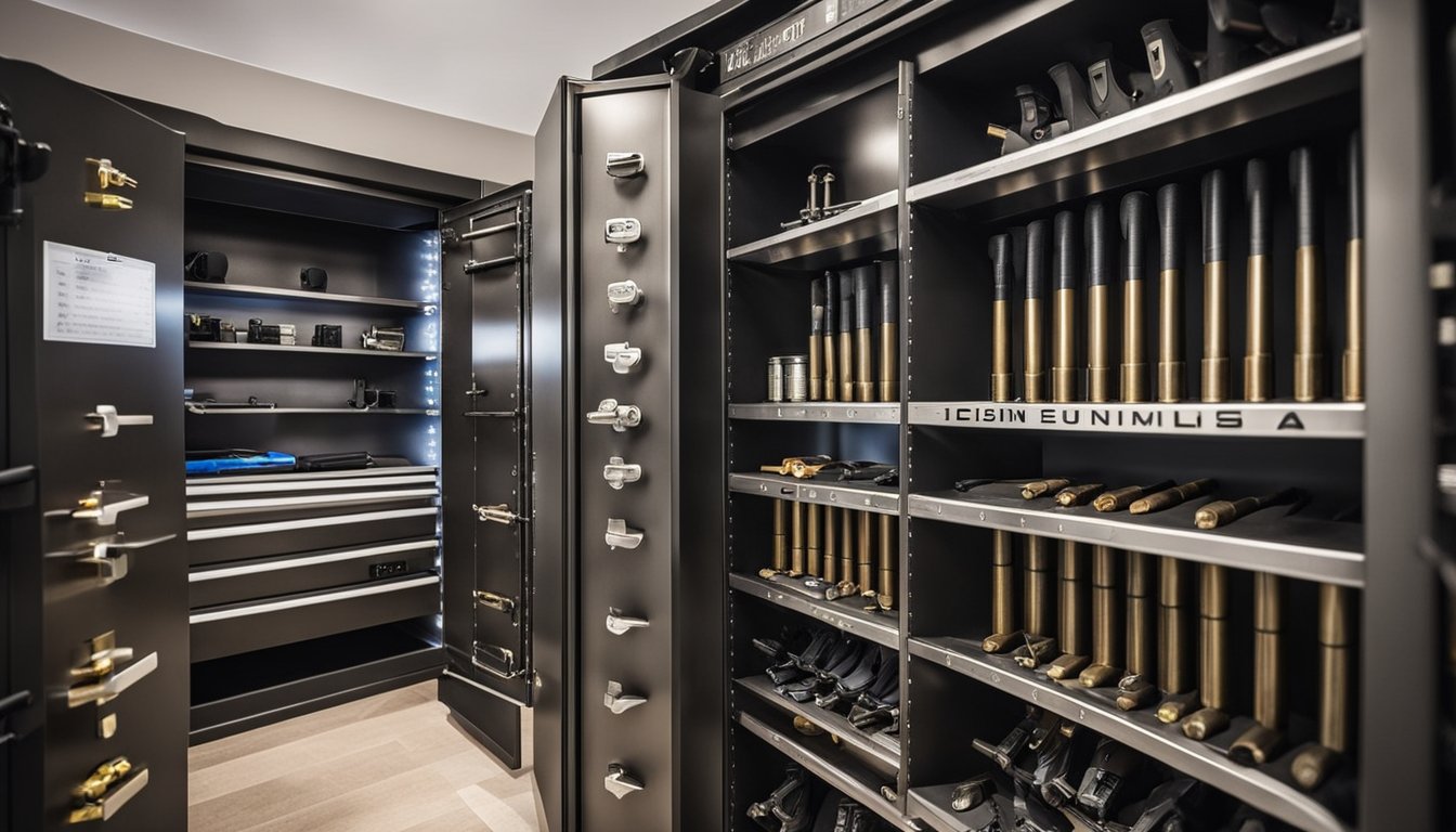 A well-organized gun safe with labeled compartments for ammunition, cleaning supplies, and firearms. Shelves and hooks for easy access and maintenance