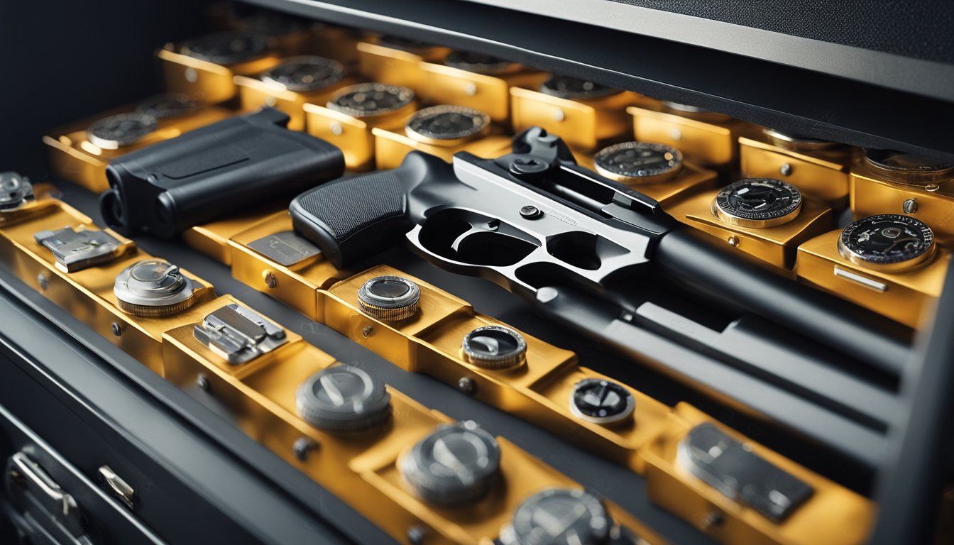 A gun safe with various storage solutions: gun racks, shelves, and compartments for ammunition and accessories