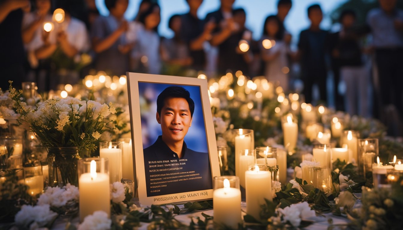 A candlelit vigil with flowers and photos, people sharing memories, a plaque with Rico Yan's name and dates