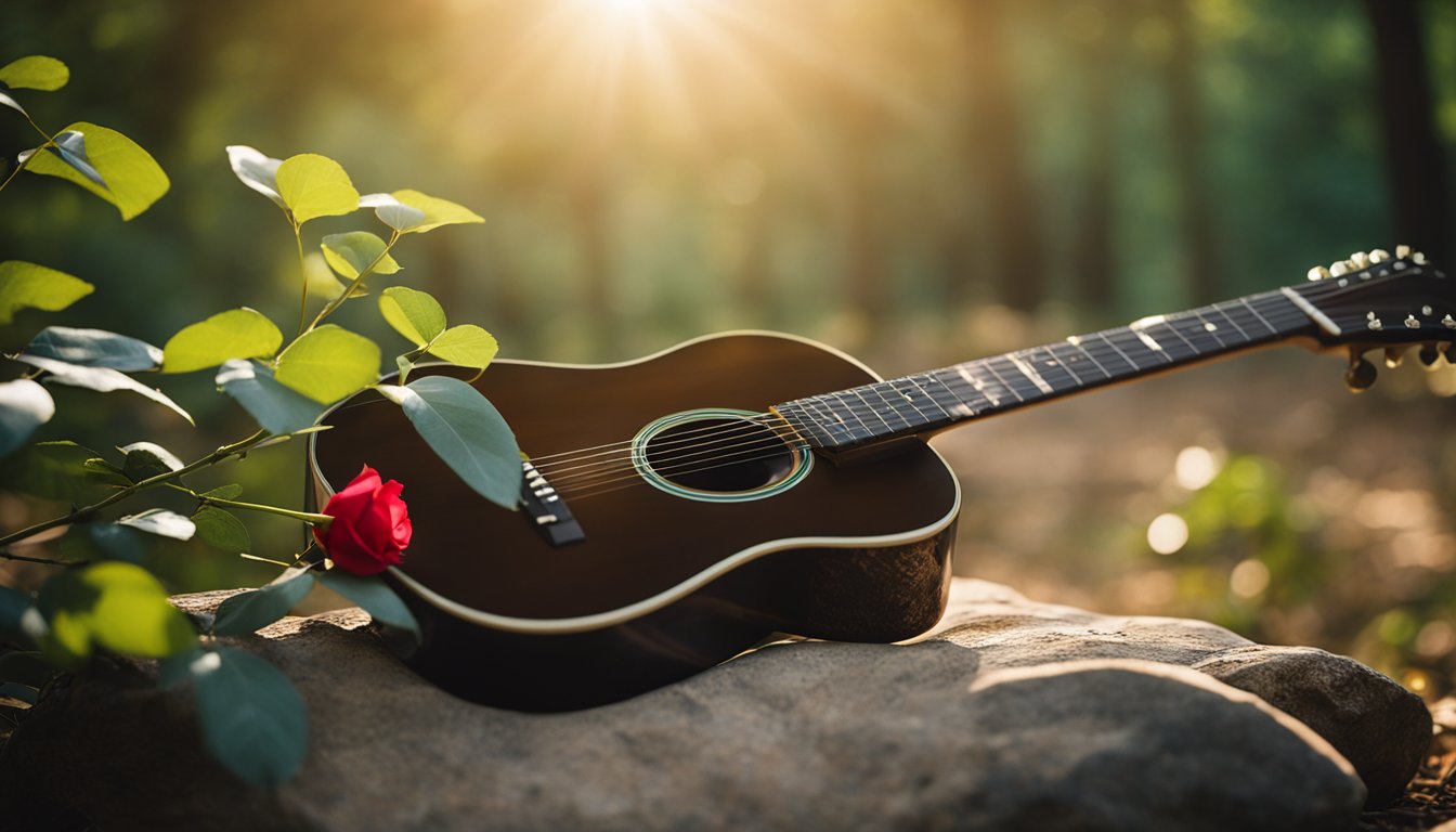 A peaceful, wooded setting with a guitar and a single red rose placed on a rock, surrounded by gentle sunlight filtering through the leaves