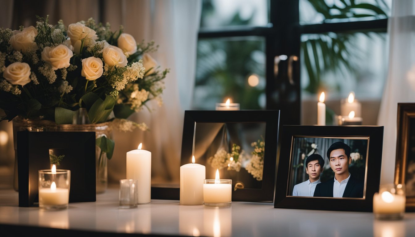 A somber funeral scene with flowers, candles, and a framed photo of Rico Yan