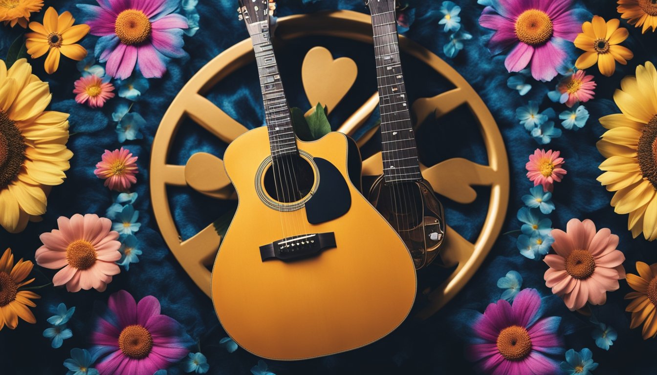 A guitar surrounded by flowers, peace signs, and tie-dye fabric, with a spotlight shining on it