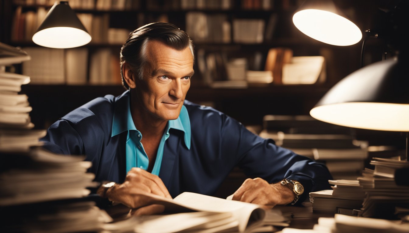 A young Hugh Hefner sits at his desk, surrounded by stacks of papers and magazines. The glow of a desk lamp illuminates his determined expression as he works on his first issue of Playboy