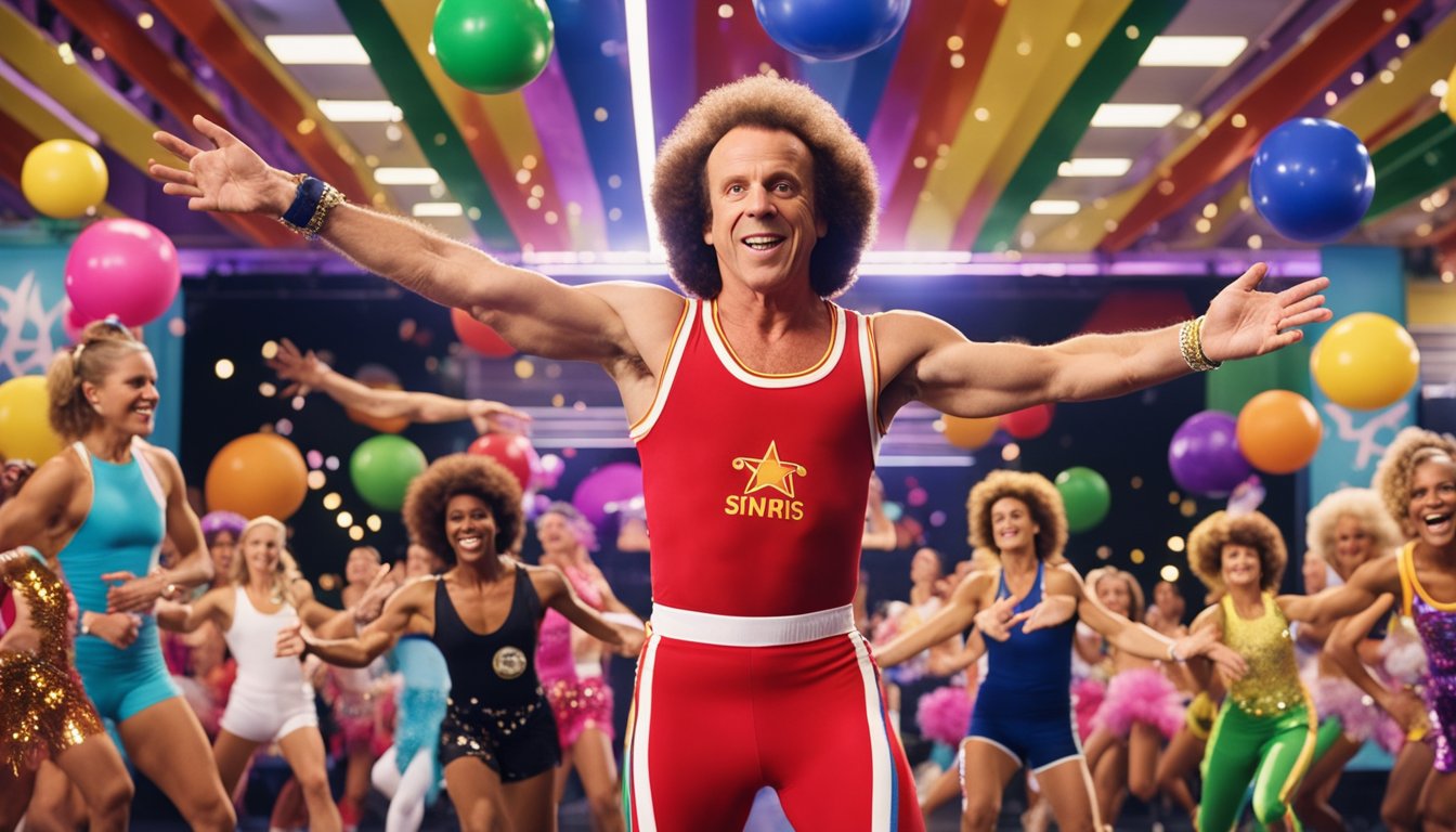 A colorful and energetic depiction of Richard Simmons' life and legacy, with symbols of fitness, dance, and positivity