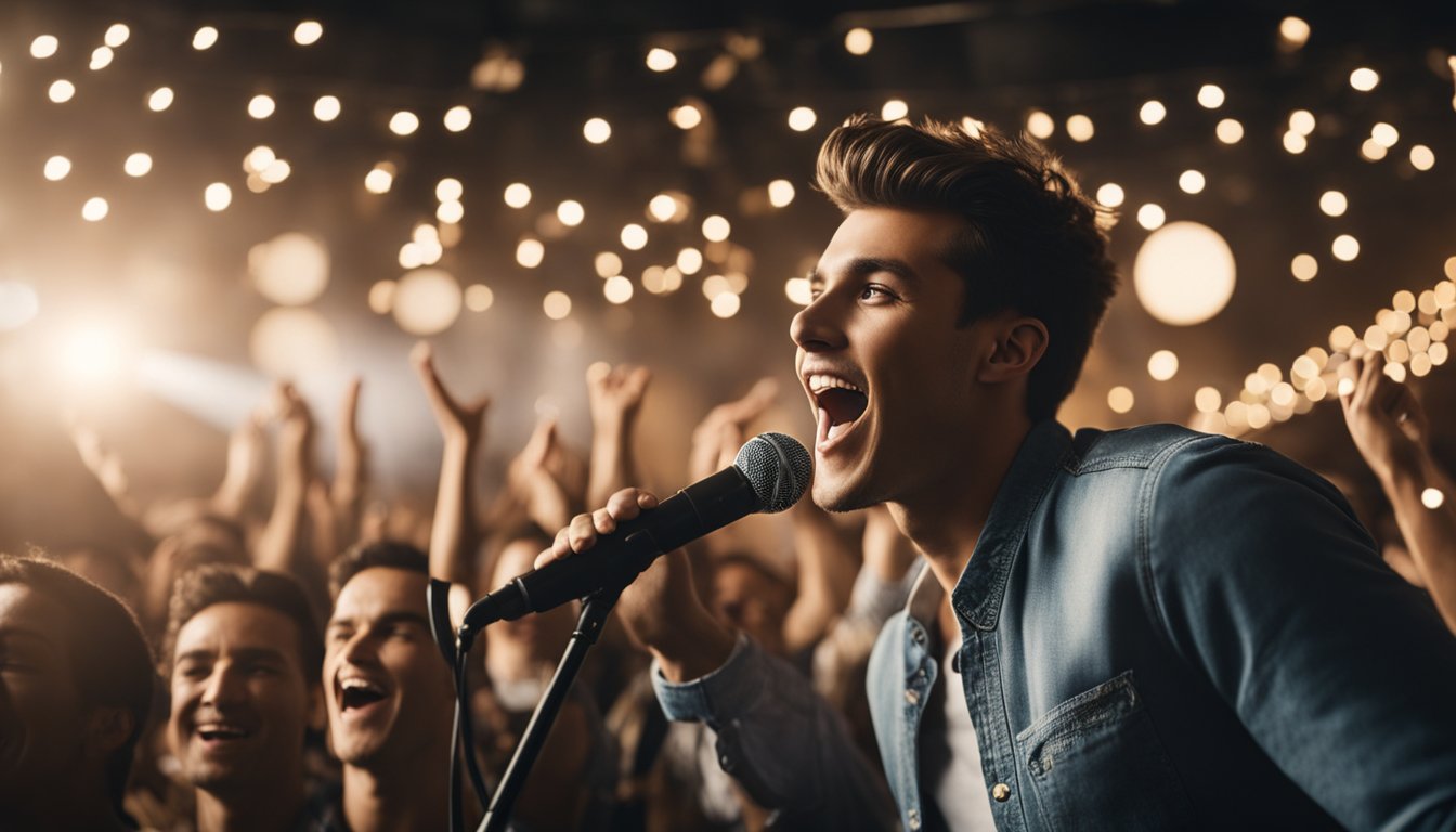 The scene shows a young man singing on stage, surrounded by cheering fans. Behind him, a montage of his early life and career is displayed