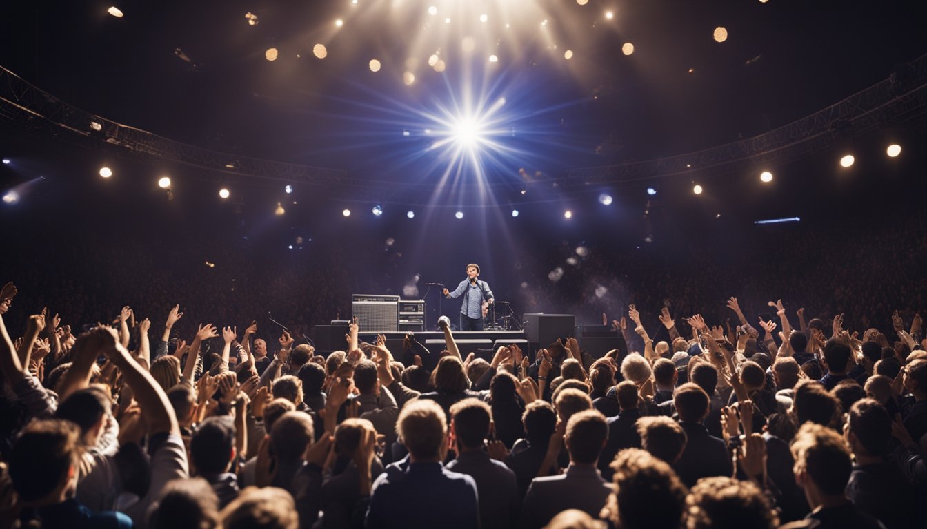 A spotlight shines on a microphone center stage, surrounded by musical instruments and a crowd of cheering fans