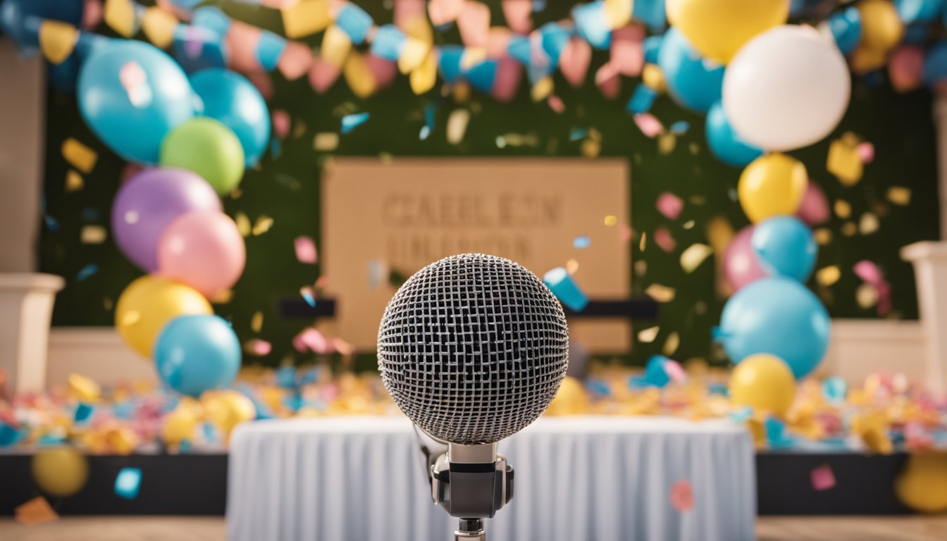 A podium with a microphone surrounded by confetti and balloons, with a banner reading "Career Milestones" in a brightly lit room