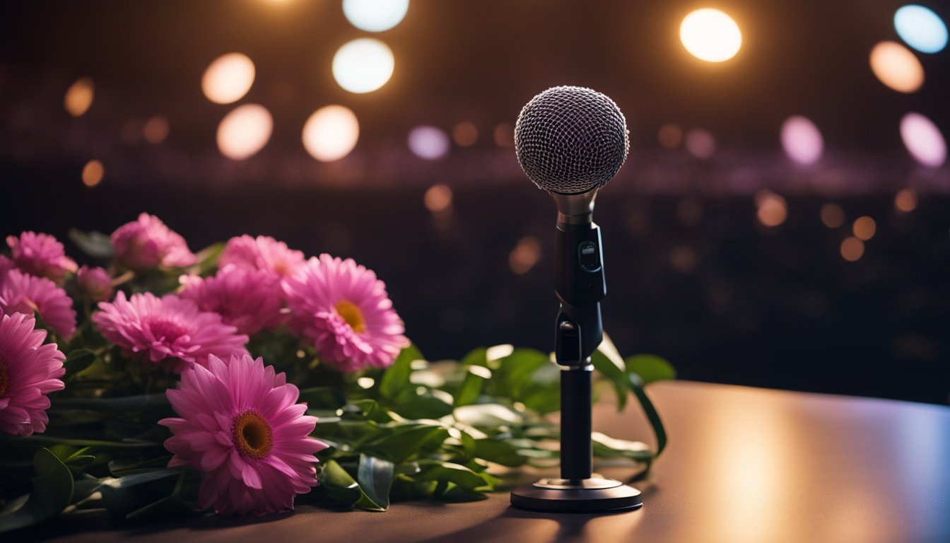 A somber atmosphere with dim lighting, a single spotlight on an empty microphone stand, and a bouquet of flowers laid on the stage