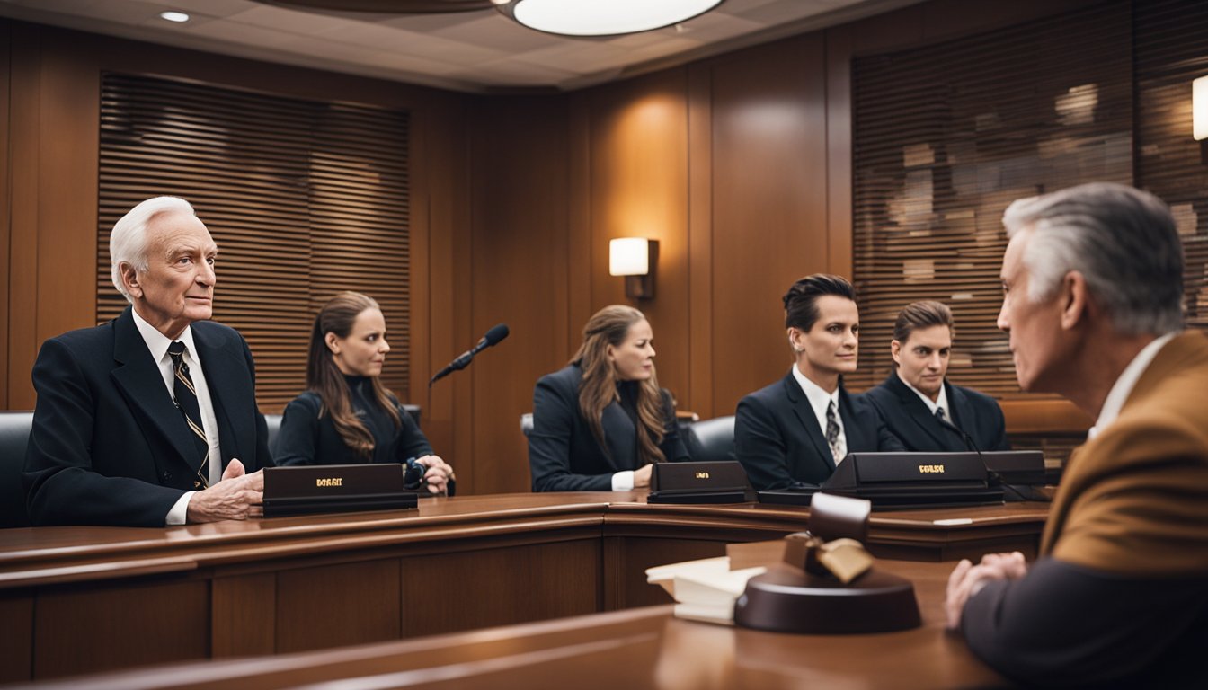 A courtroom with two opposing legal teams presenting arguments. Media cameras capture the intense atmosphere as controversies surrounding Hugh Hefner's cause of death are debated