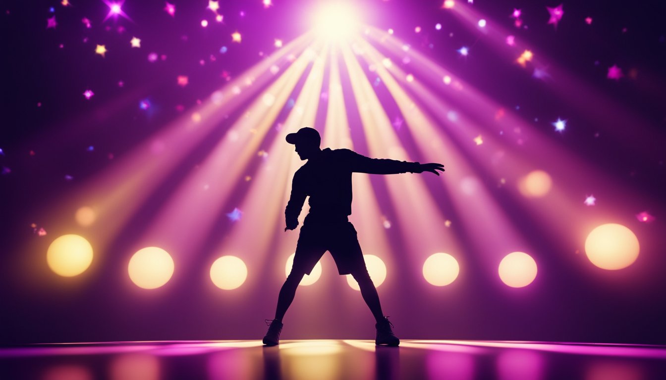 A spotlight shines on a vibrant stage, surrounded by fitness equipment and disco balls. A silhouette of a flamboyant figure is seen dancing energetically