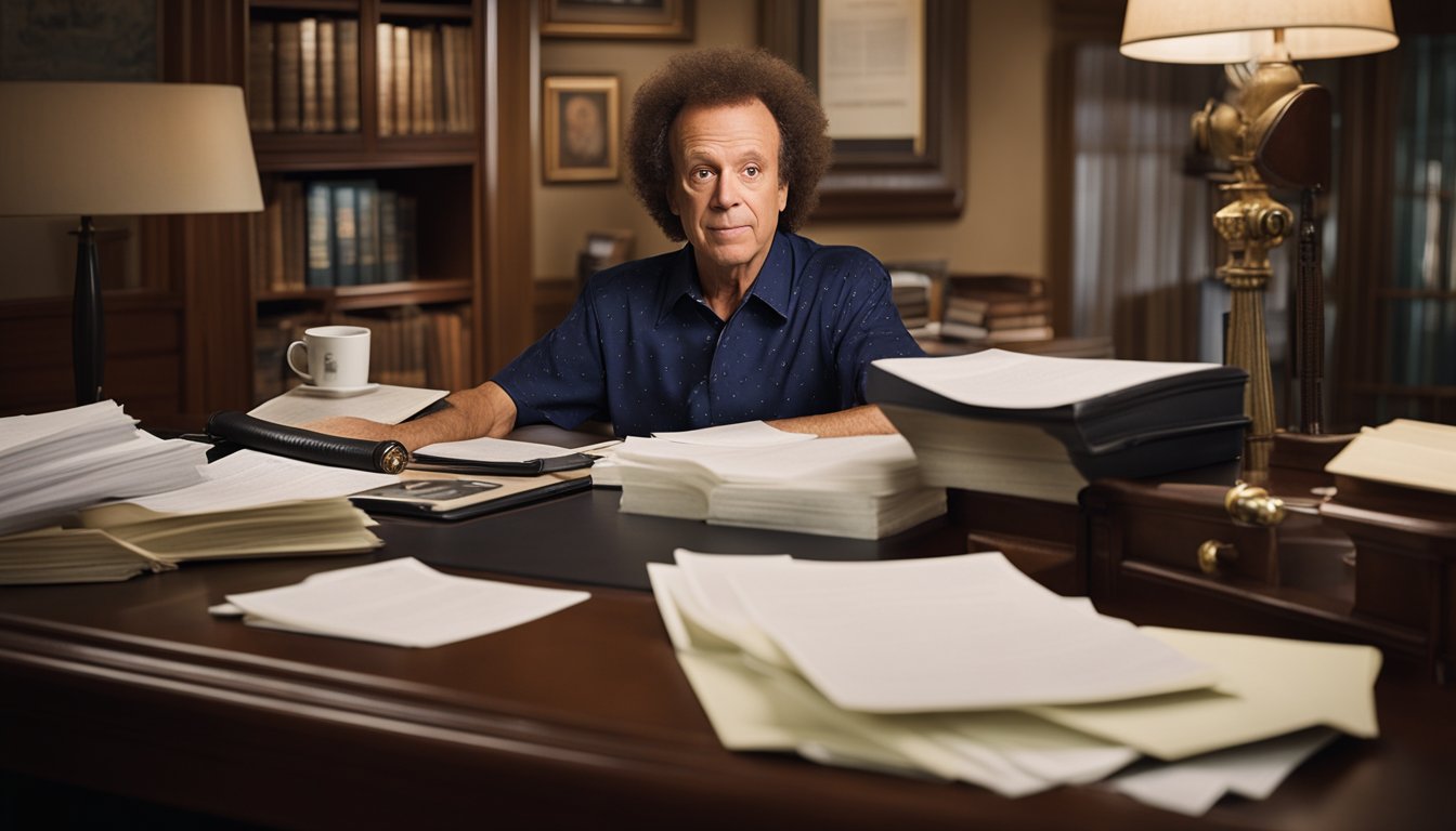 A cluttered desk with legal documents, a will, and a portrait of Richard Simmons. A somber atmosphere, with dim lighting and a sense of finality