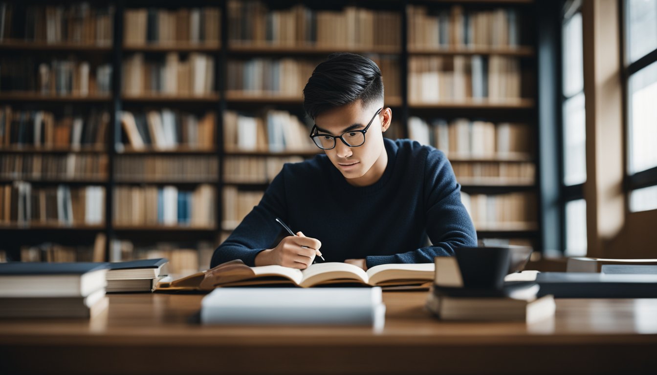 A young student studying in a library, surrounded by books and academic materials