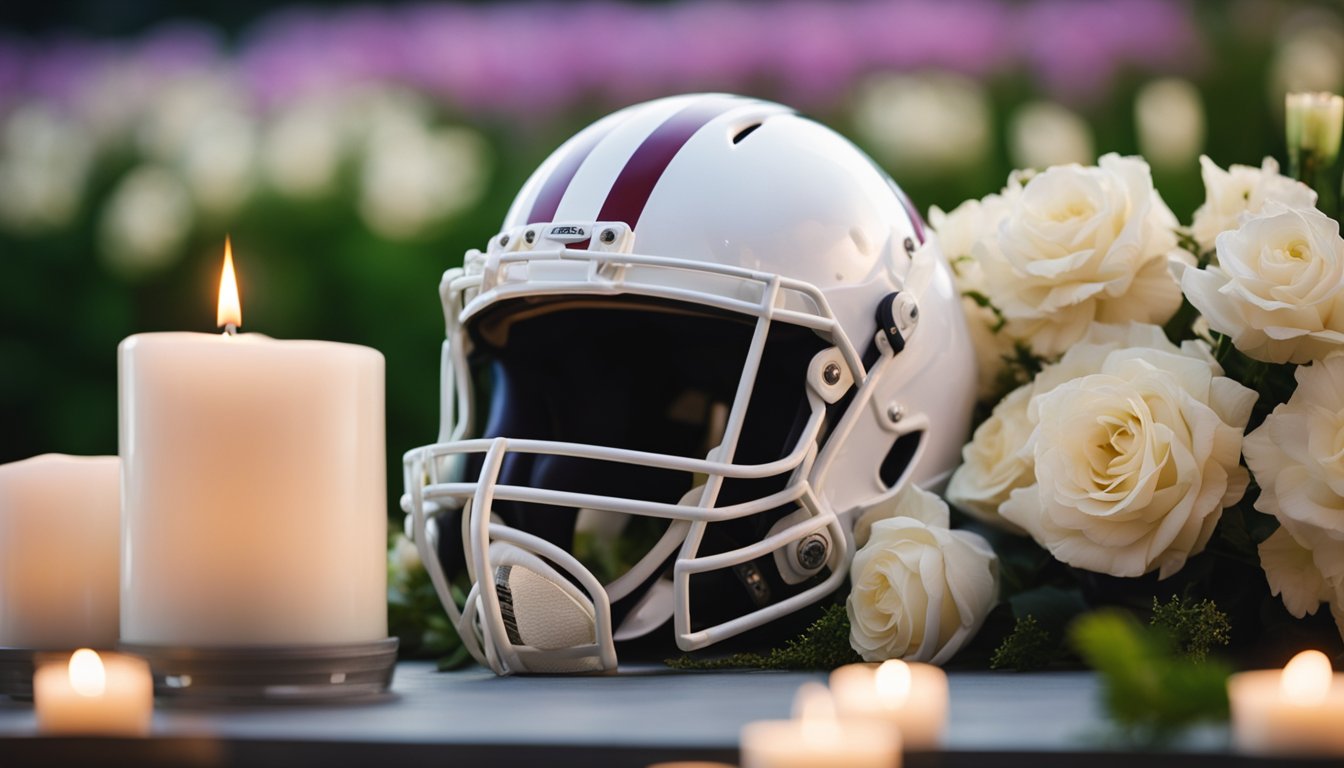 A football helmet sits atop a pedestal, surrounded by flowers and candles, in a solemn memorial scene