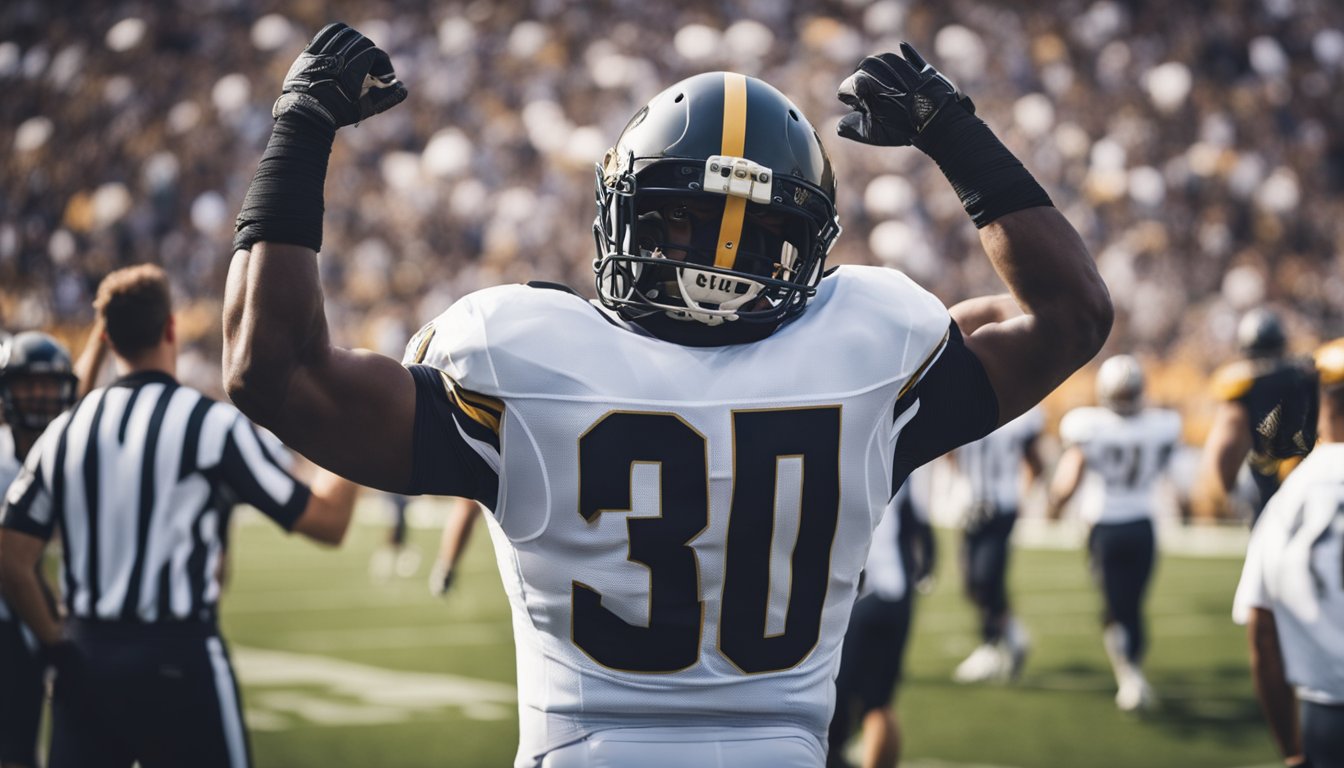 A football player celebrates a touchdown, surrounded by cheering teammates and fans