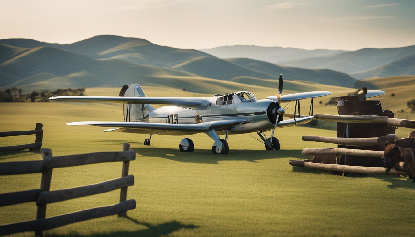 Audie Murphy's peaceful ranch life, surrounded by rolling hills and grazing cattle, with a vintage airplane in the background