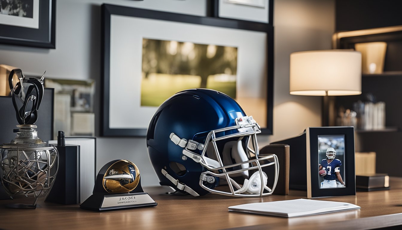 A tranquil office space with a desk, computer, and retirement memorabilia. A framed photo of Jacoby Jones and a football helmet sit on a shelf