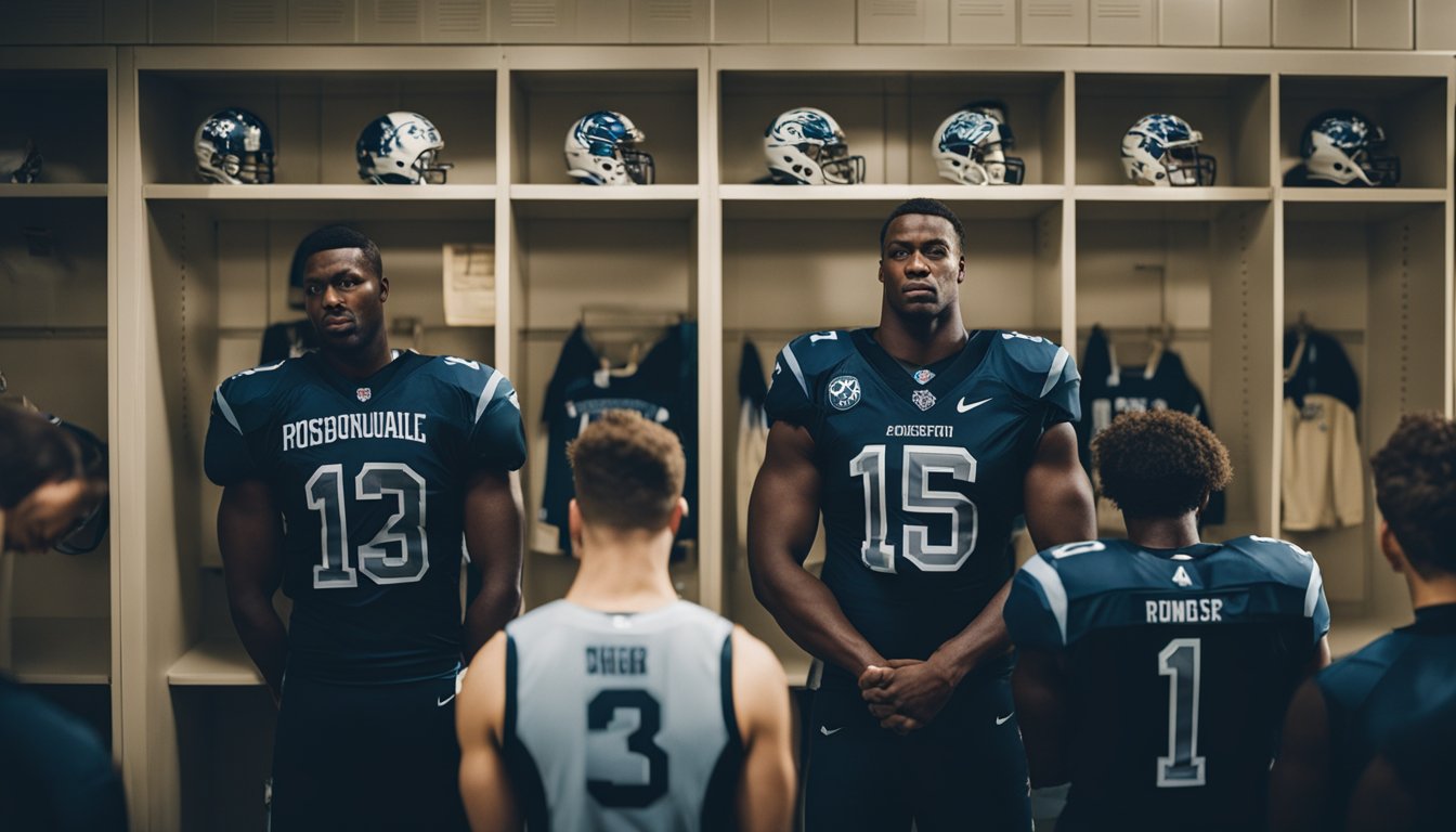 A group of somber athletes gather around a memorial in a locker room, their heads bowed in reflection