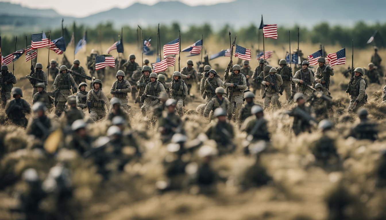 A battlefield with soldiers in uniform, flags, and war-related symbols