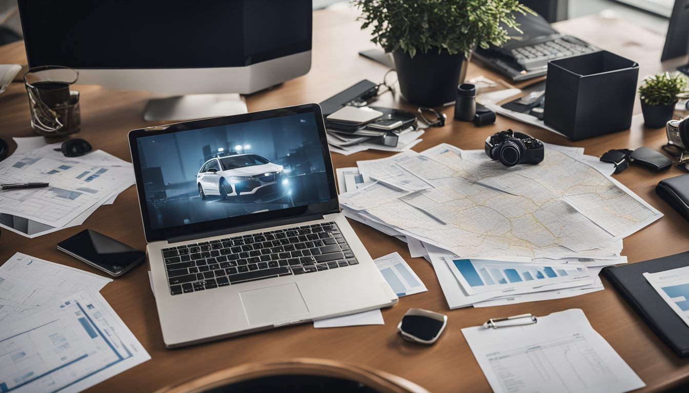 A cluttered desk with scattered papers, photographs, and a laptop displaying graphs and charts. A bulletin board with crime scene photos and a map of the accident location