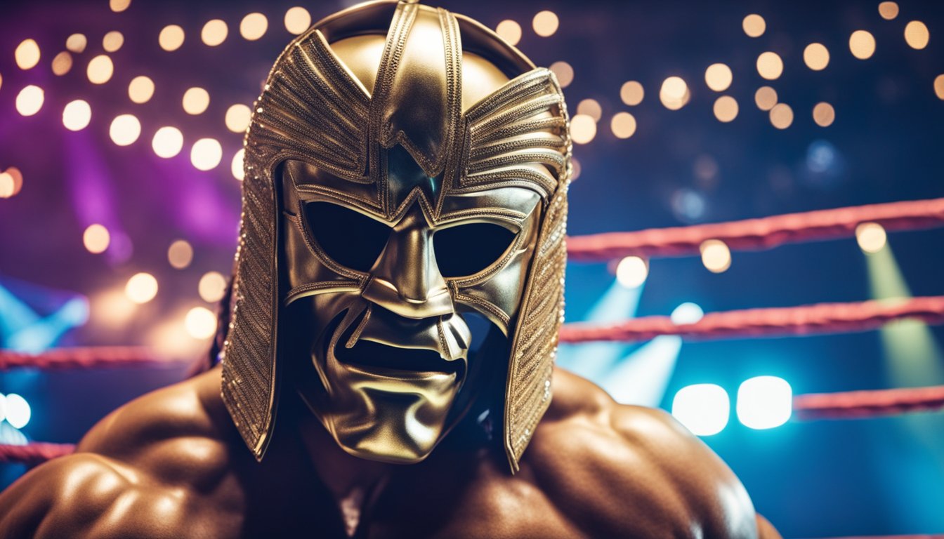 A wrestling ring with a spotlight shining on the Ultimate Warrior's iconic mask and tassels, surrounded by cheering fans and a larger-than-life statue in the background