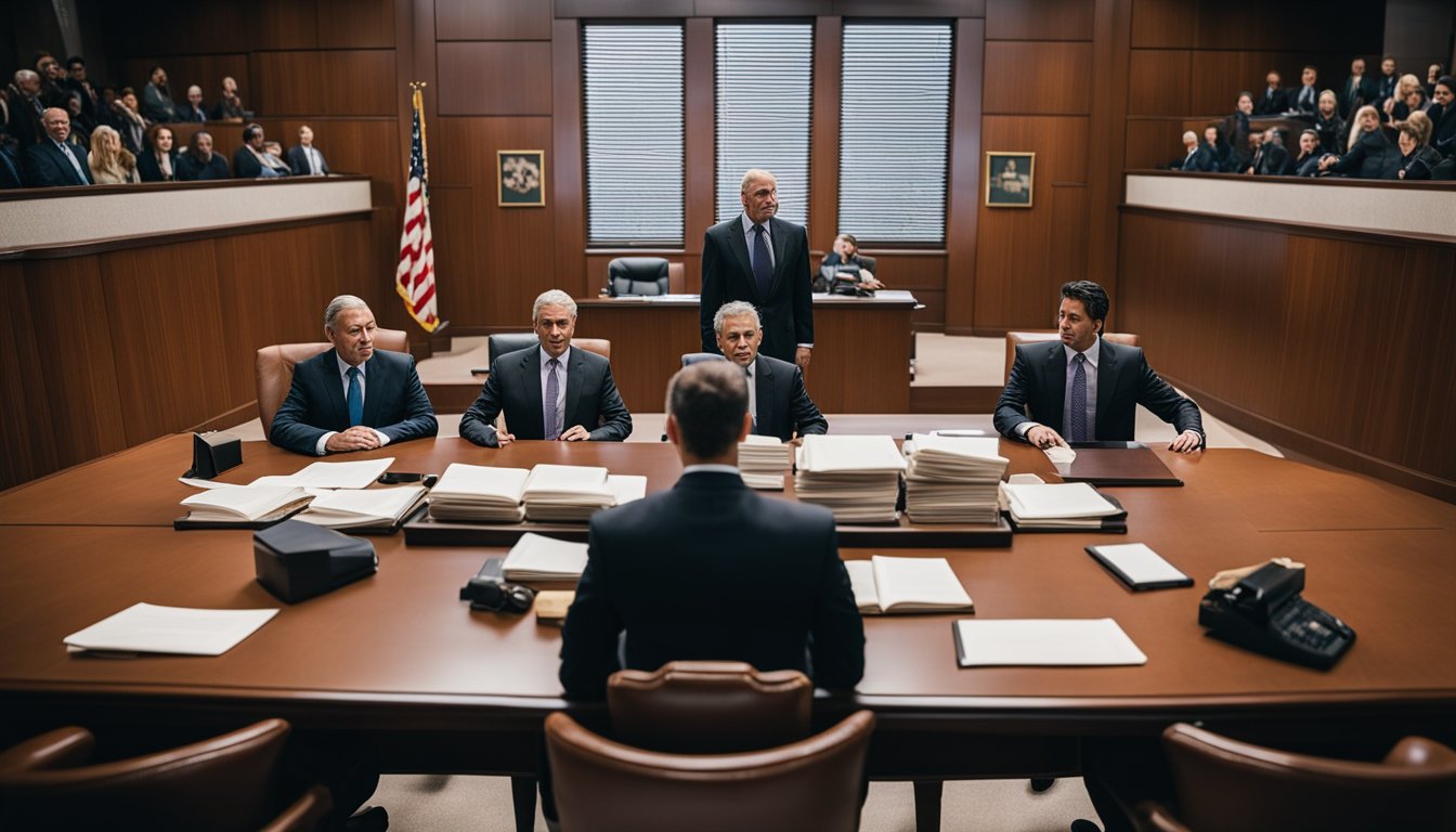 A courtroom with opposing lawyers and a judge presiding, surrounded by documents and evidence related to the legal disputes surrounding the cause of death of the Ultimate Warrior