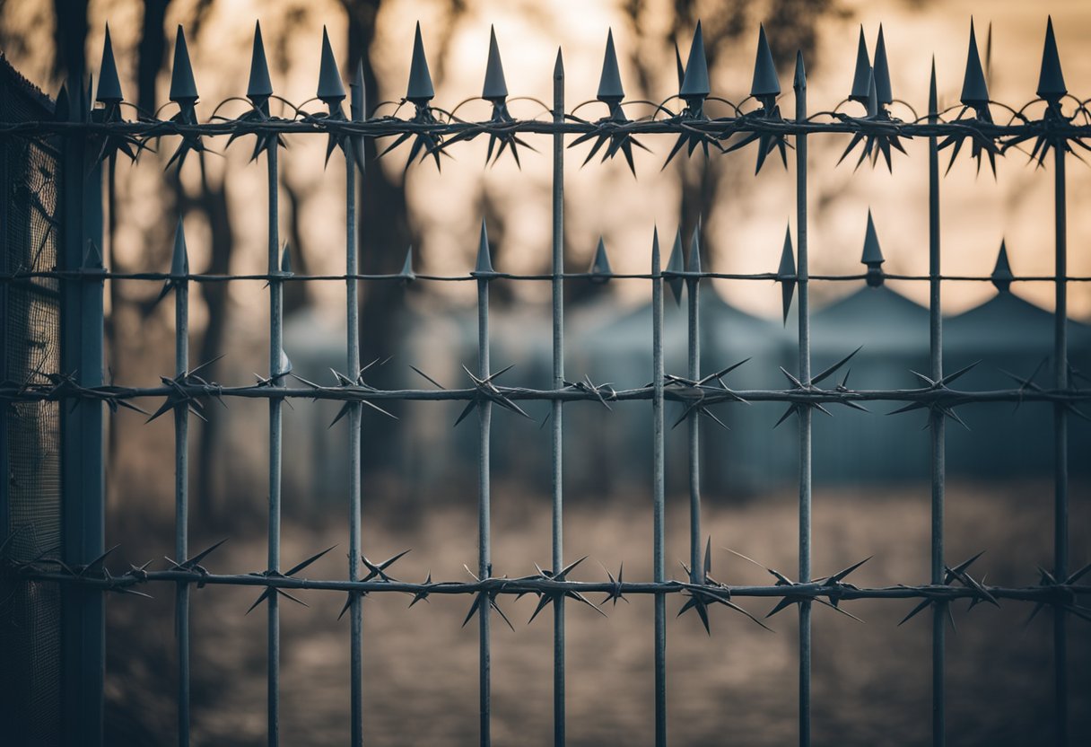 A sturdy metal fence surrounds a secure area, topped with sharp spikes and barbed wire. Security cameras and motion sensors are mounted at regular intervals along the perimeter
