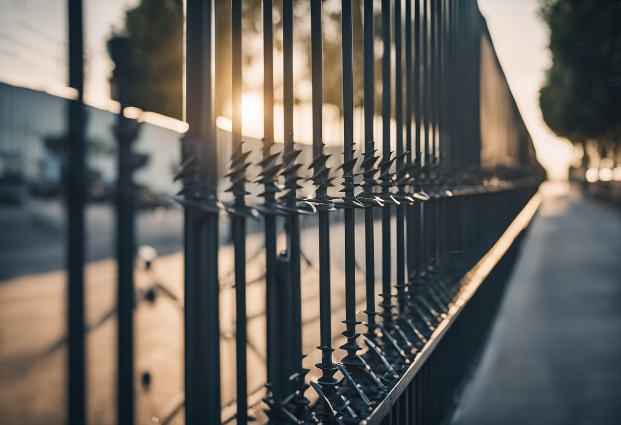 A tall, solid metal fence with sharp spikes on top surrounds a secure facility, with motion sensors and security cameras mounted at regular intervals along the perimeter