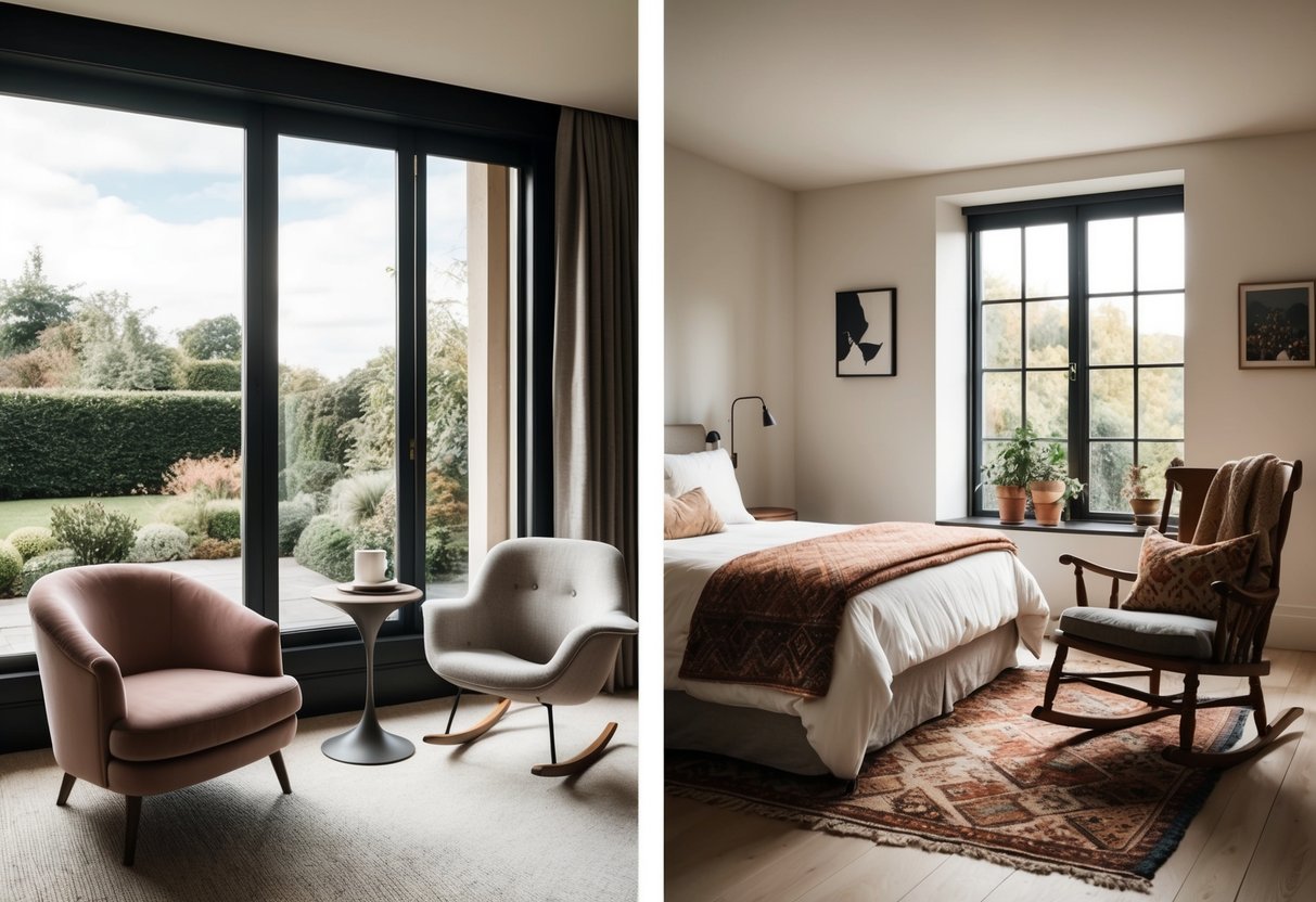 1. A cozy bedroom with a plush armchair by the window overlooking a garden.2. A modern bedroom with a sleek, minimalist chair and a stylish side table.3. A rustic bedroom with a vintage rocking chair and a warm, patterned throw