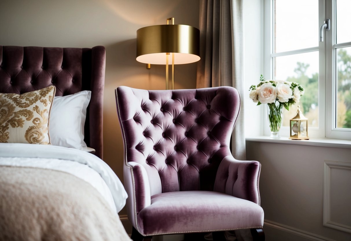 A luxurious velvet tufted accent chair sits in a cozy bedroom corner, surrounded by soft lighting and elegant decor