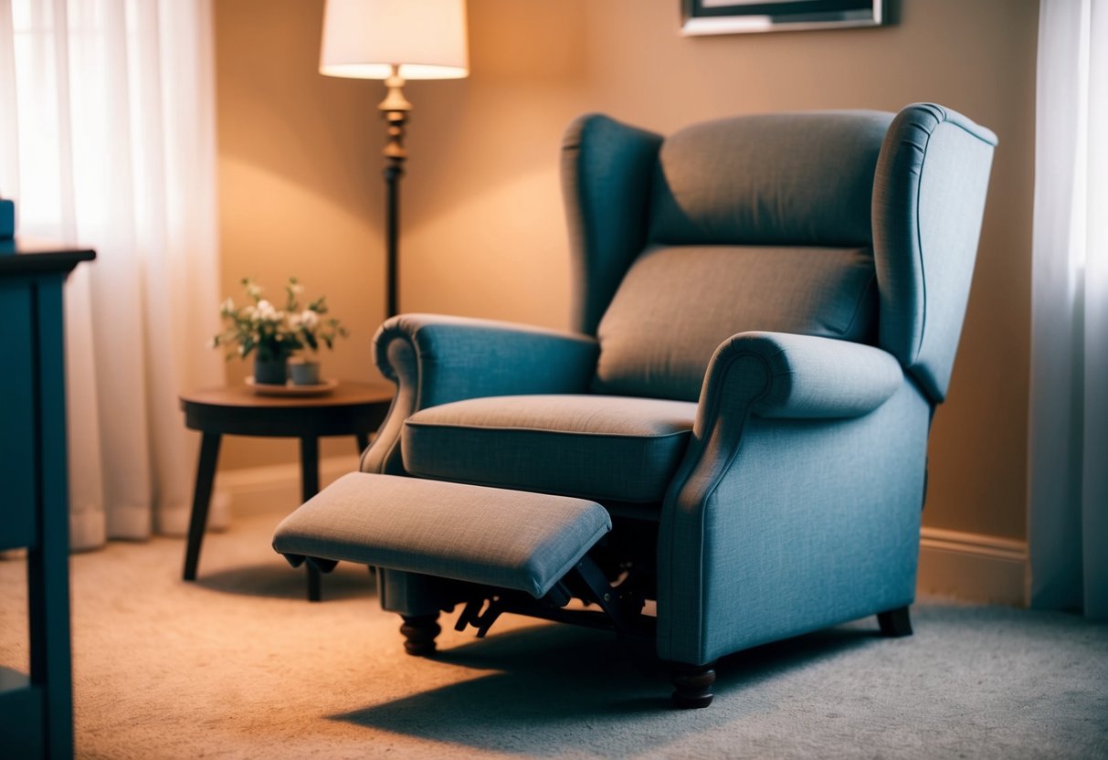 A cozy bedroom with a wingback recliner as the focal point, surrounded by soft lighting and a warm color palette