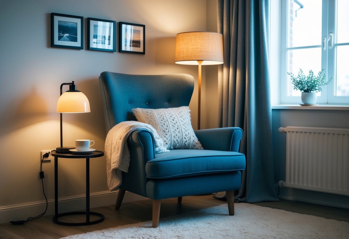 A cozy reading chair in a Scandinavian style bedroom, surrounded by soft blankets and a warm lamp, with a small side table for a cup of tea