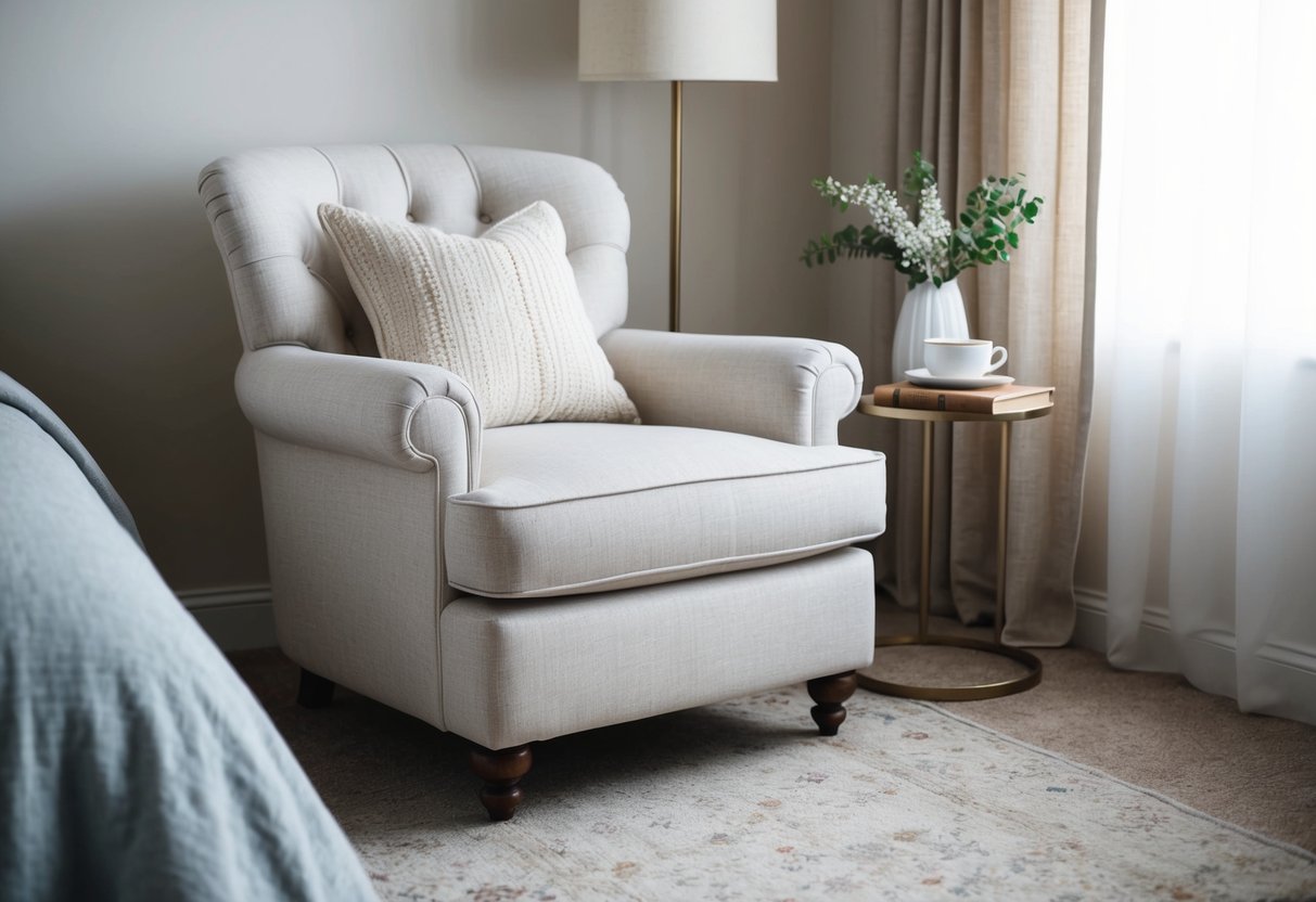 A cozy linen upholstered club chair sits in a bedroom corner, surrounded by soft lighting and a small side table with a book and a cup of tea