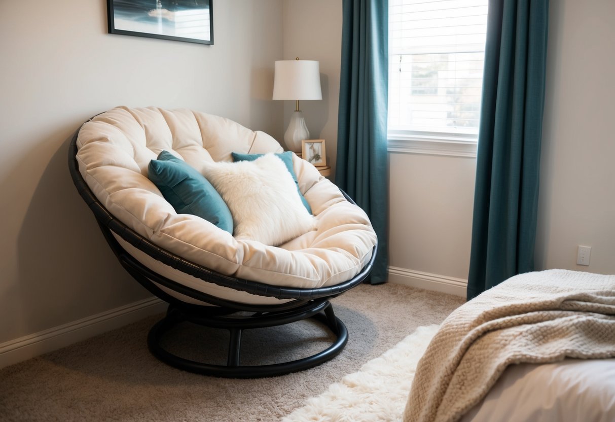 An oversized Papasan chair sits in a cozy bedroom corner, surrounded by plush pillows and a soft throw blanket. The chair's round shape and fluffy cushion invite relaxation and comfort