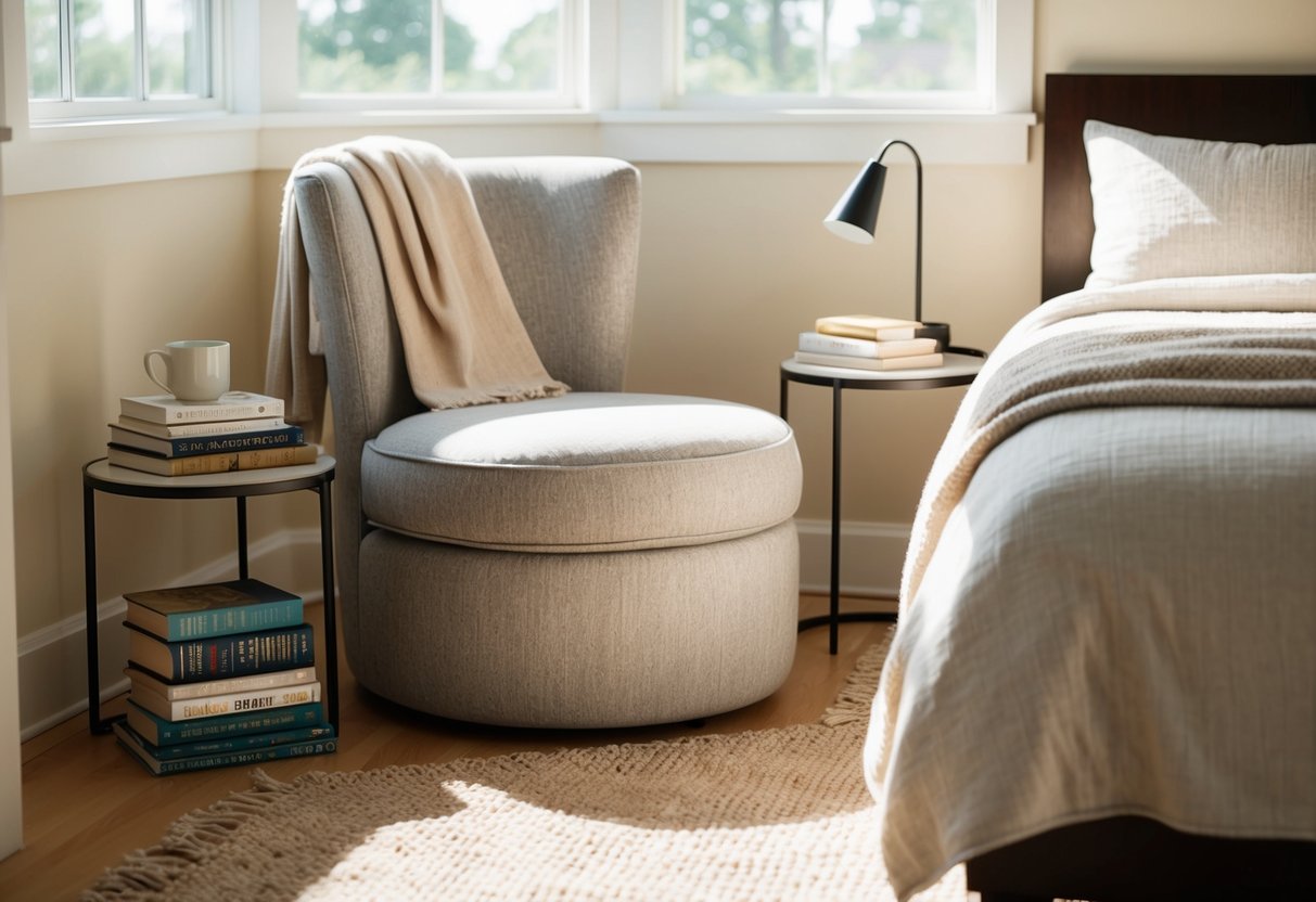 A cozy armless slipper chair sits in a sunlit bedroom corner, surrounded by books and a small side table. A soft throw blanket drapes over the back of the chair, adding to the inviting atmosphere