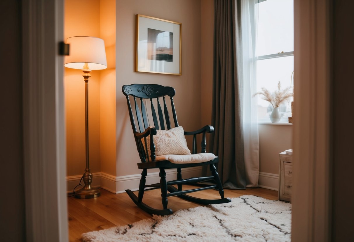 A vintage rocking chair sits in a cozy bedroom corner, surrounded by warm, soft lighting and a plush rug