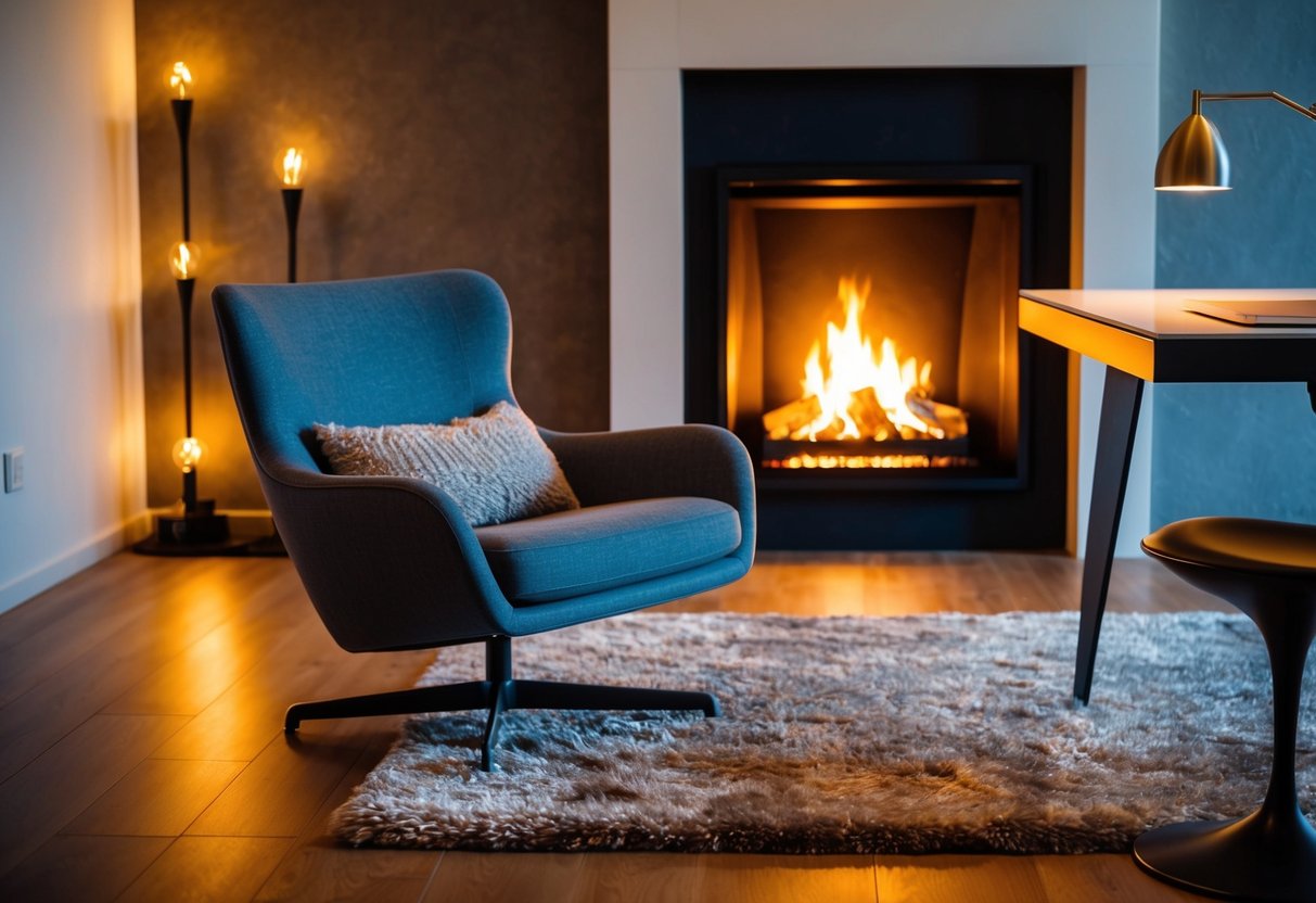 A cozy armchair sits by a crackling fireplace, surrounded by warm lighting and plush rugs. A sleek, modern chair is positioned next to a stylish, minimalist desk