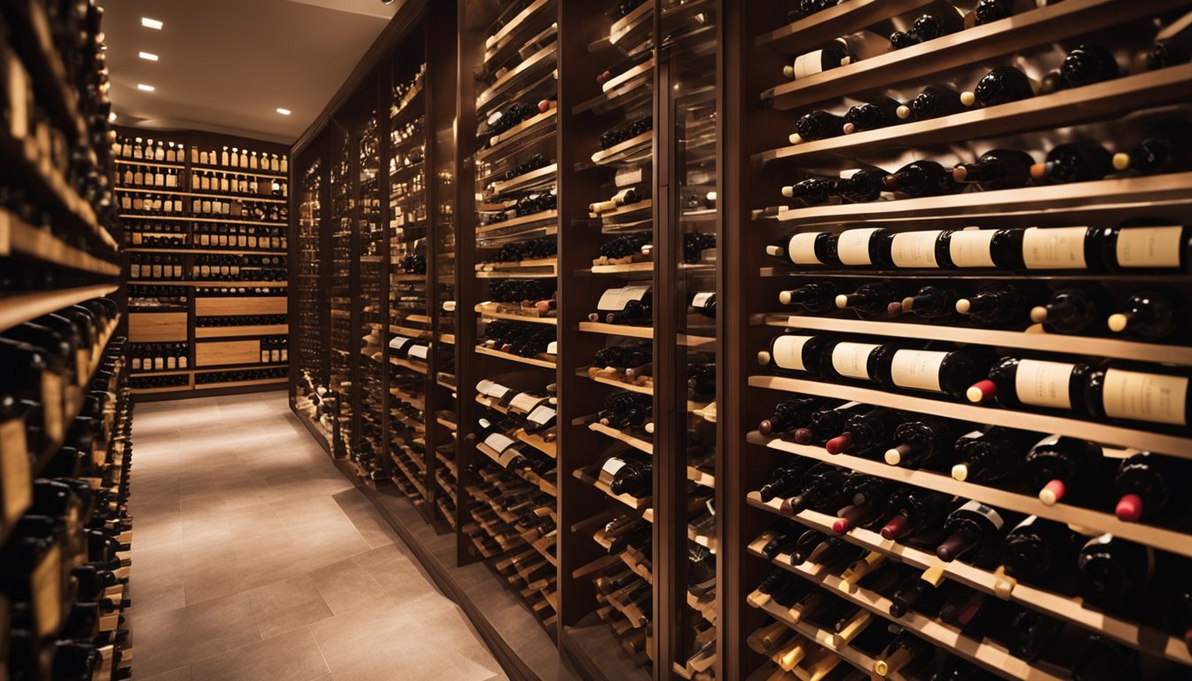 A wine cellar with neatly organized rows of wine bottles, labeled and arranged by type and vintage. Shelves are well-lit and temperature-controlled