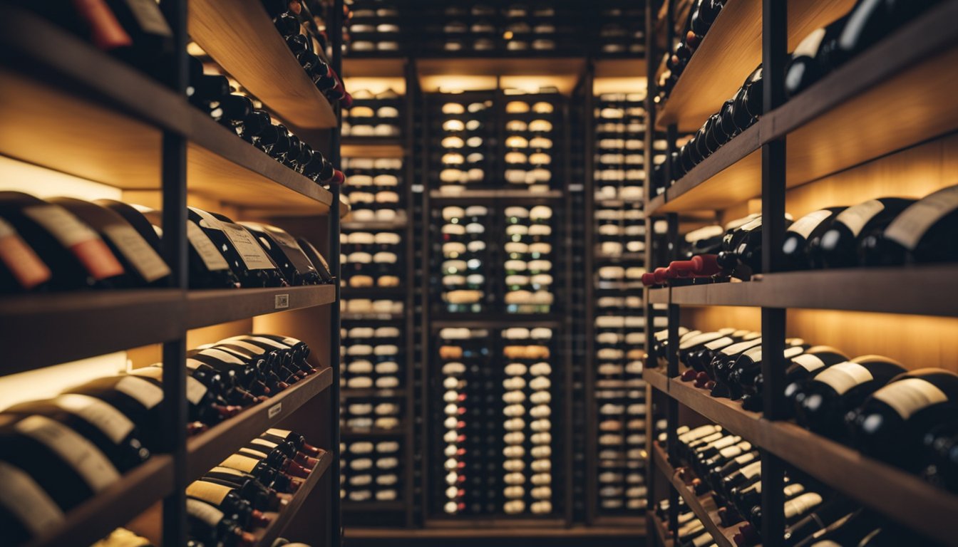 A wine cellar with neatly organized rows of wine bottles, labeled and arranged by type and vintage. Shelves are well-maintained and temperature-controlled