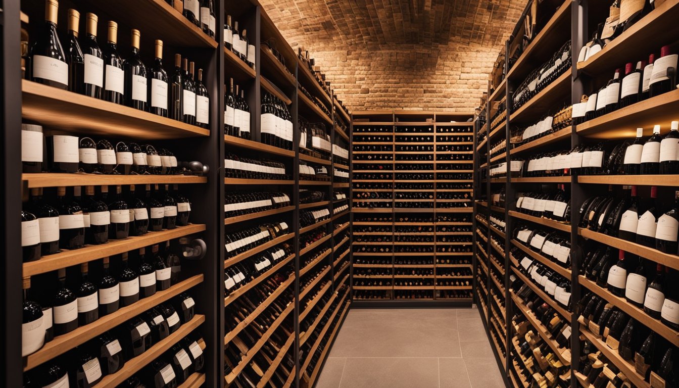 A well-organized wine cellar with labeled shelves, temperature control, and storage for different types of wine bottles