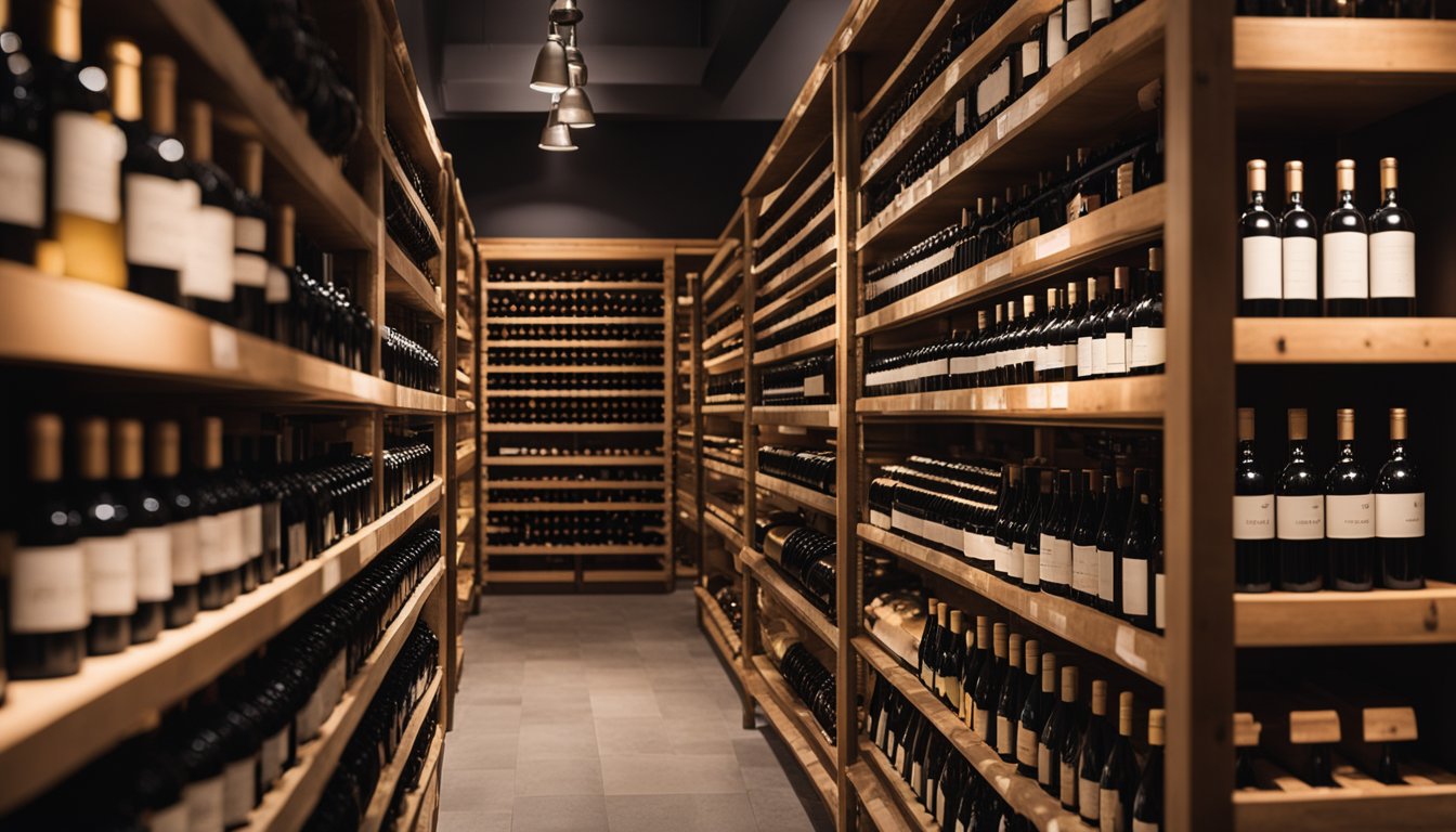 A well-organized wine cellar with labeled shelves, inventory management tools, and categorized wine bottles. Temperature-controlled environment with proper lighting